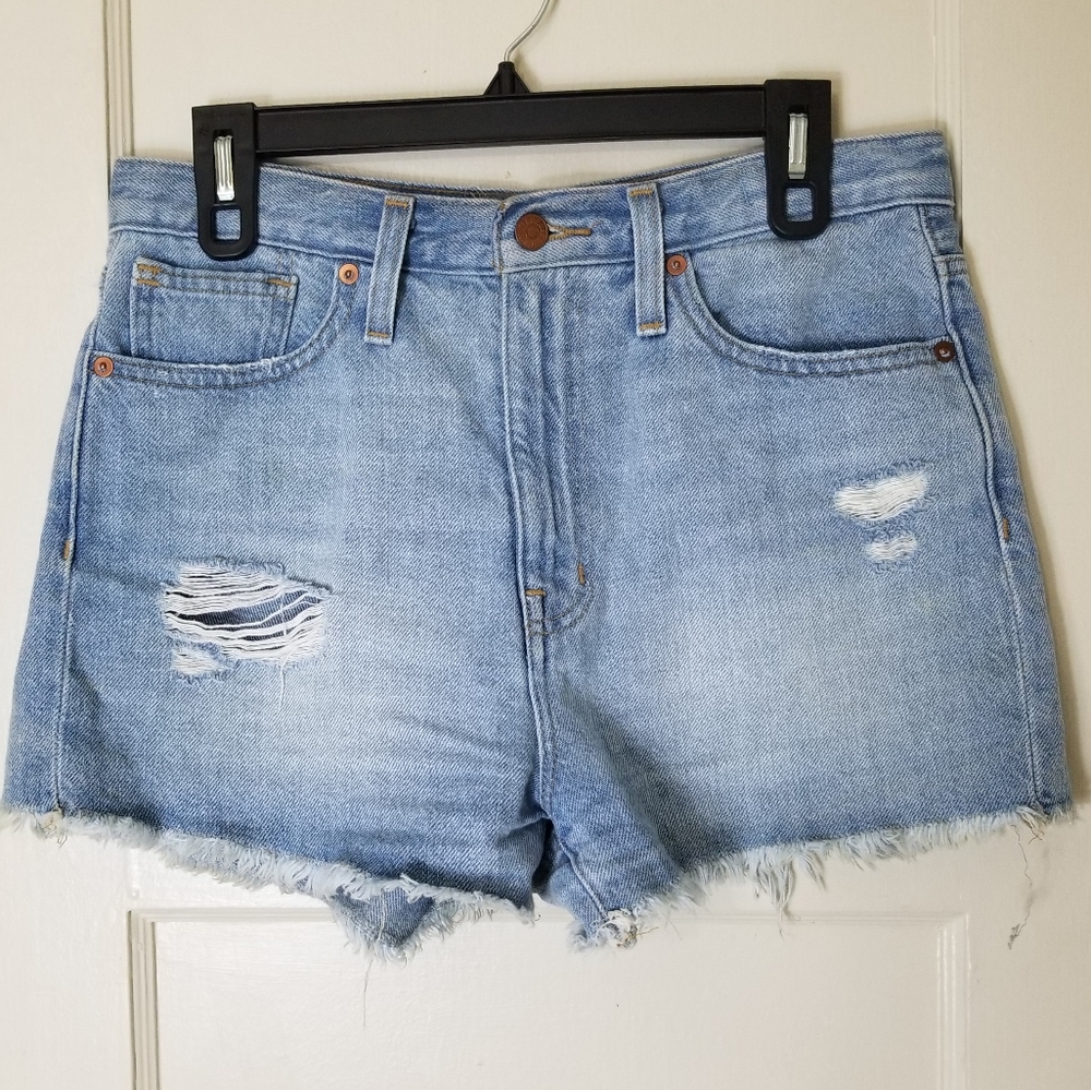MADEWELL 26 the momjean short blue cotton distressed denim jean shorts